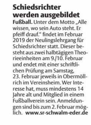 Lehrgangsangebot für neue Schiedsrichter