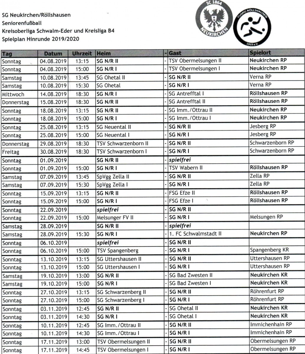 Spielplan für die neue Spielzeit 2019/2020