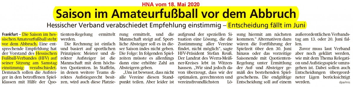 Fußballsaison 2019/20 - Empfehlung für HFV-Präsidium