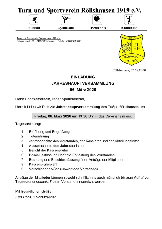 Einladung zur Jahreshauptversammlung des TuSpo Röllshausen