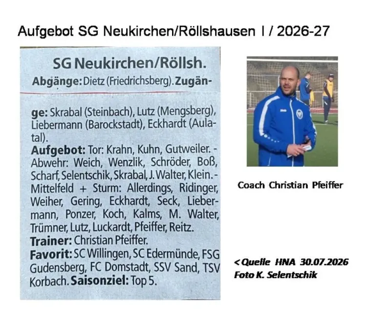 Aufgebot SG Neukirchen/Röllshausen I - Team für die Gruppenliga Kassel Gr 1