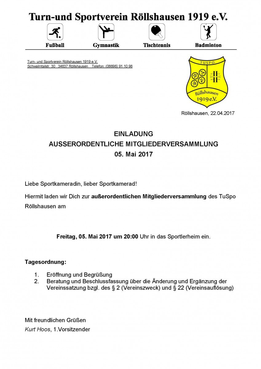 Außerordentliche Mitgliederversammlung Freitag, 05. Mai