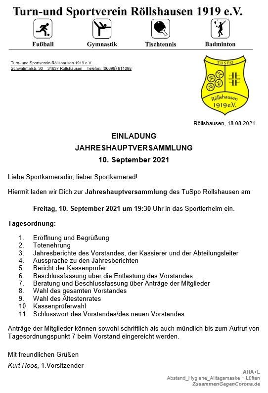 Jahreshauptversammlung HEUTE 19:30 Uhr