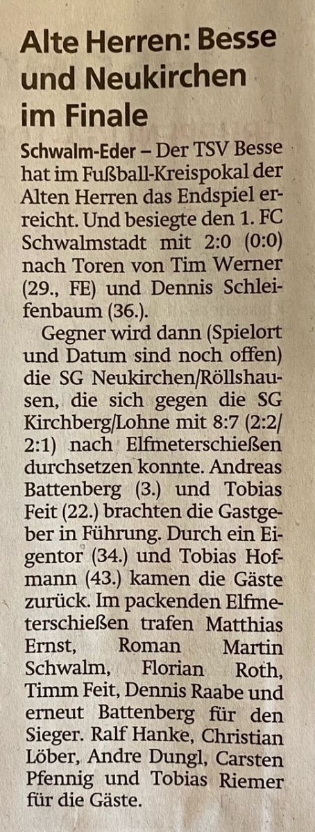 AH SG Neukirchen/Röllshausen im Pokalfinale gegen TSV Besse