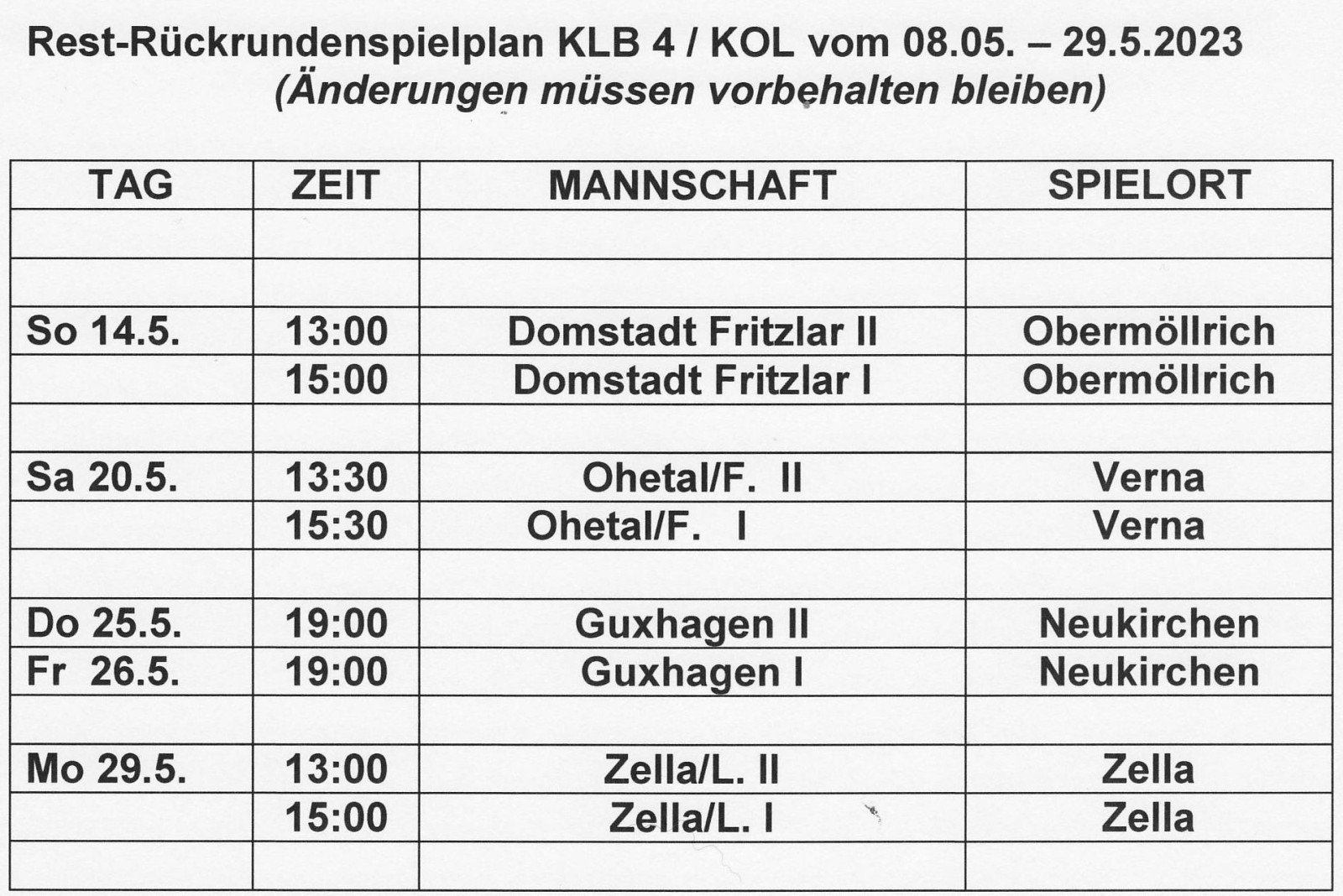 Rest - Spielplan KLB / KOL Saison 2022 / 2023