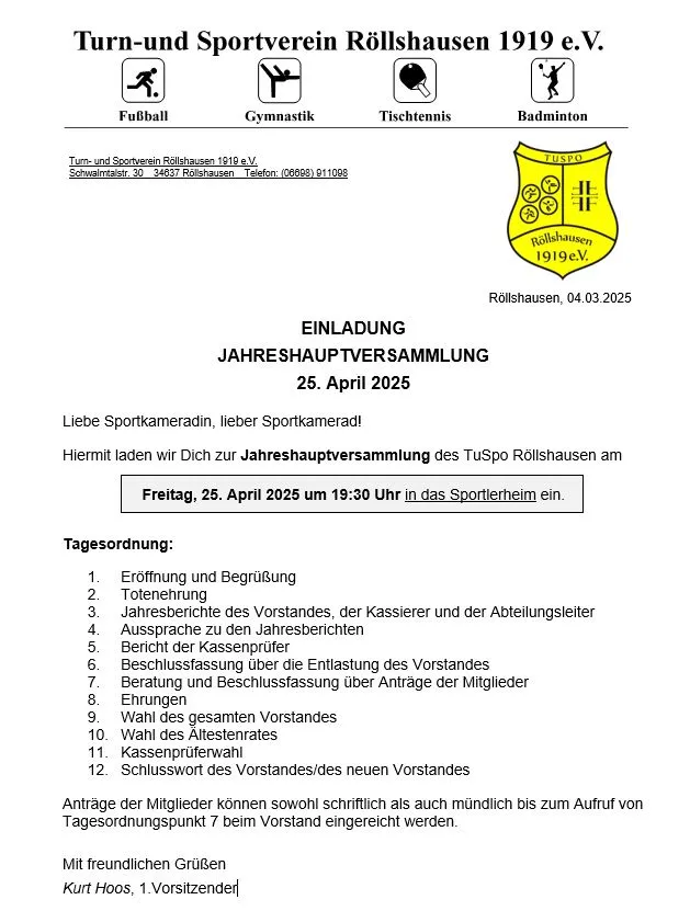 Einladung zur Jahreshauptversammlung am 25. April