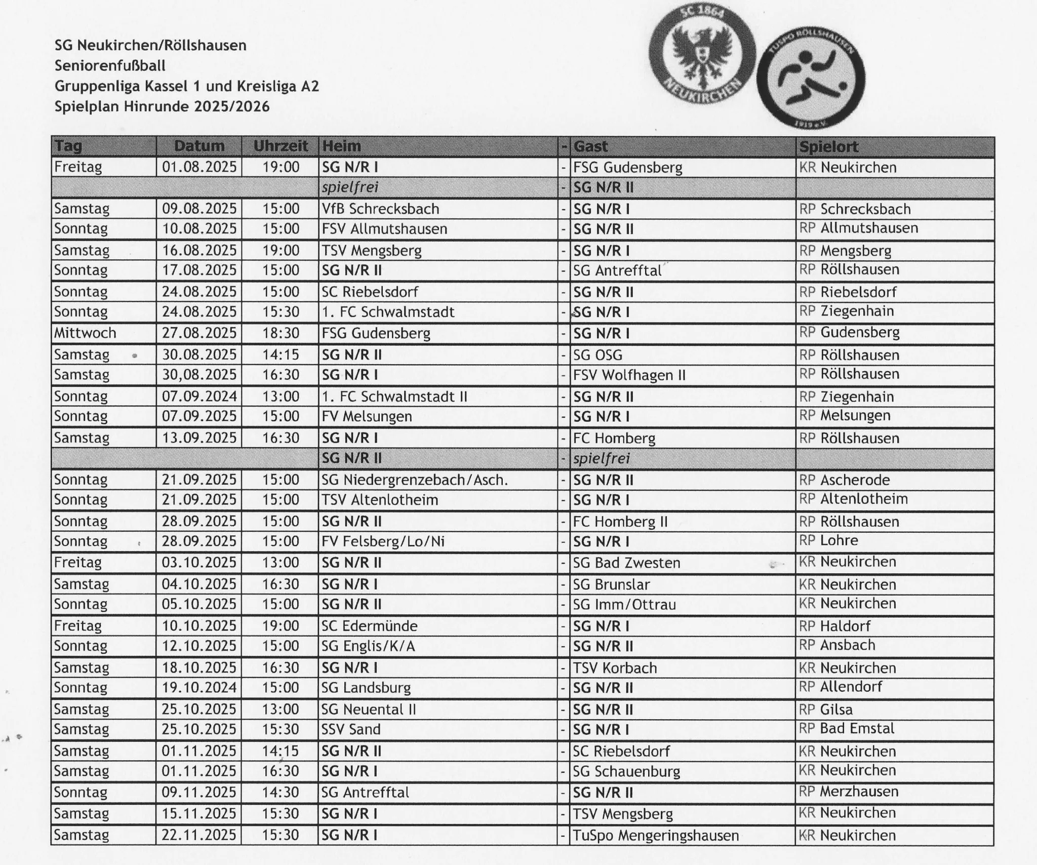 Spielplan für die neue Saison 2025/26 der Gruppenliga und Kreisliga A liegt vor