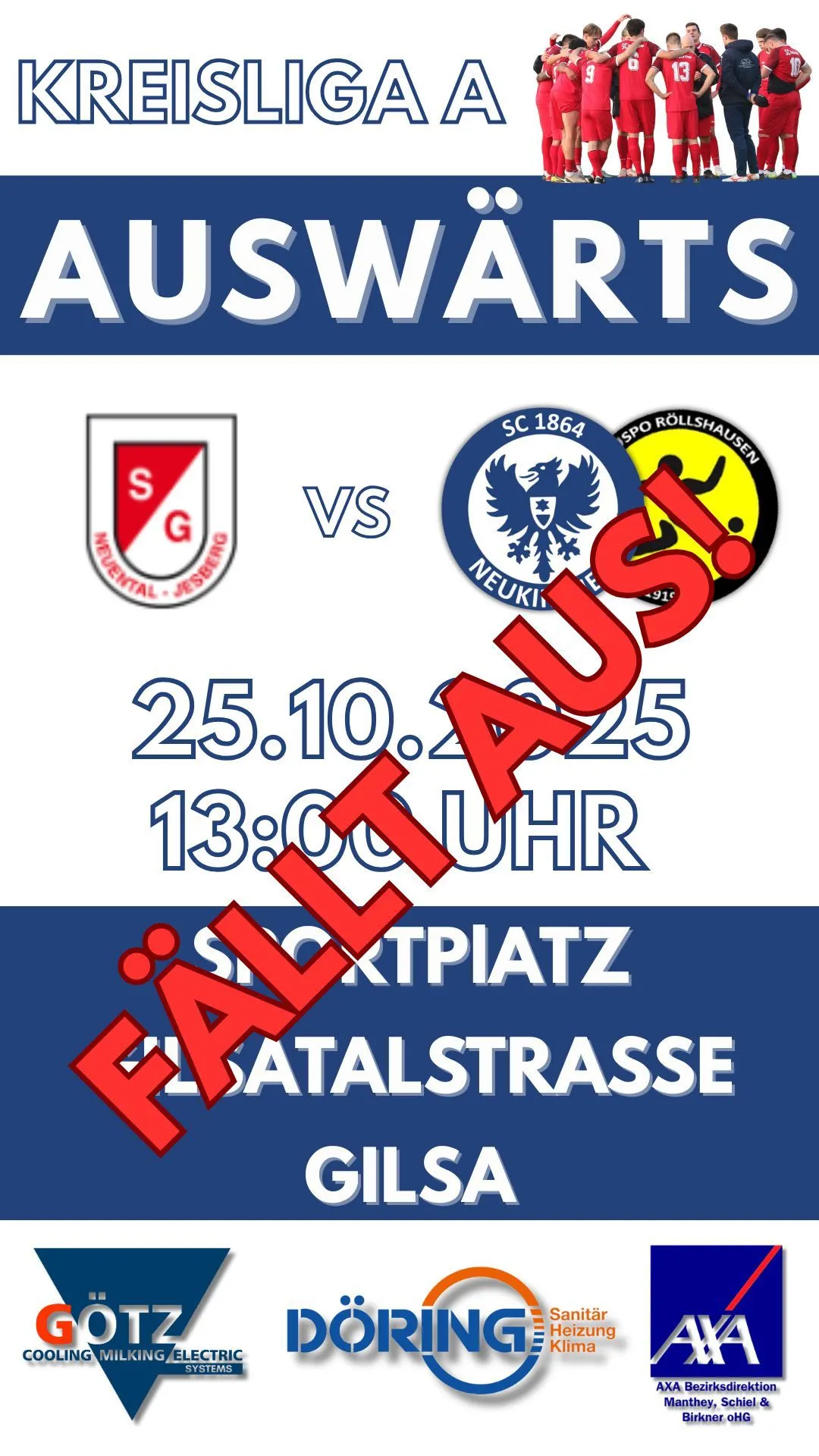 Spiel der zweiten Mannschaft in Gilsa vs SG Neuental/Jesber II fällt aus