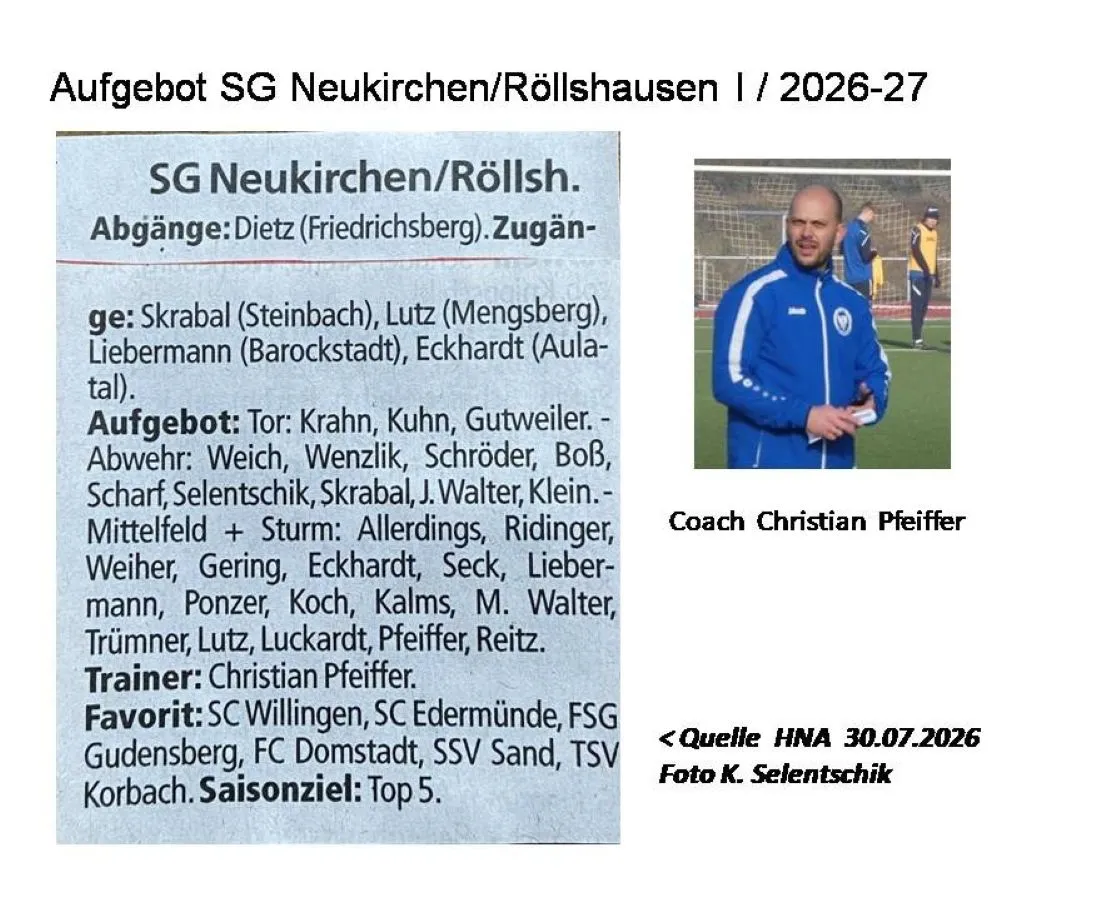 Aufgebot SG Neukirchen/Röllshausen I - Team für die Gruppenliga Kassel Gr 1