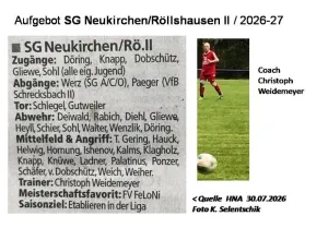 Aufgebot SG Neukirchen/Röllshausen II - Team für die Kreisoberliga Schwalm-Eder